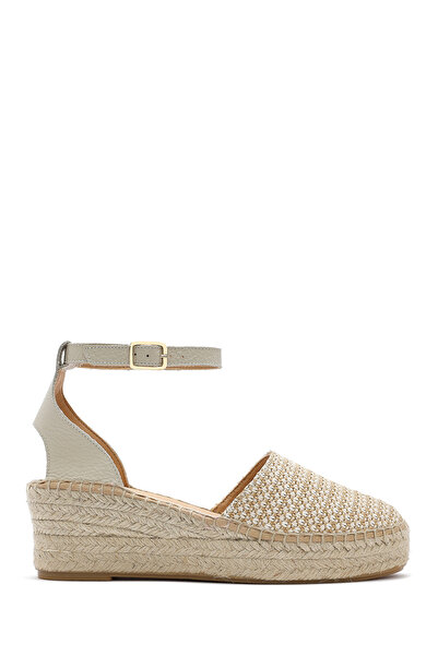 Derimod Women's Beige Ankle Buckle Wedge Heeled Shoes Straw Genuine Leather Espadrille Sandals 25Sfd4574M7