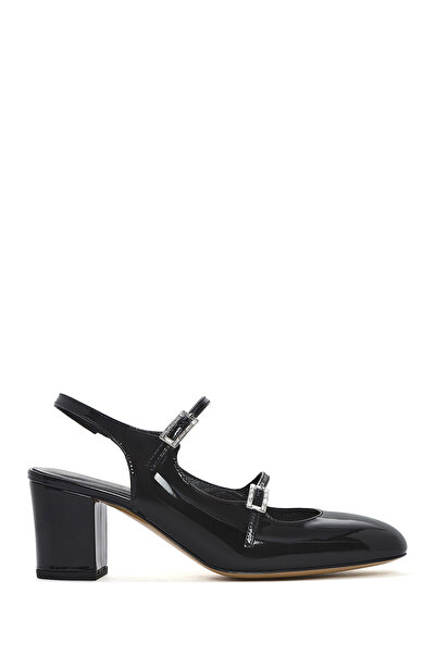 Derimod Kadın Siyah Çift Tokalı Arkası Açık Kalın Topuklu Rugan Deri Ayakkabı 24WFD230516