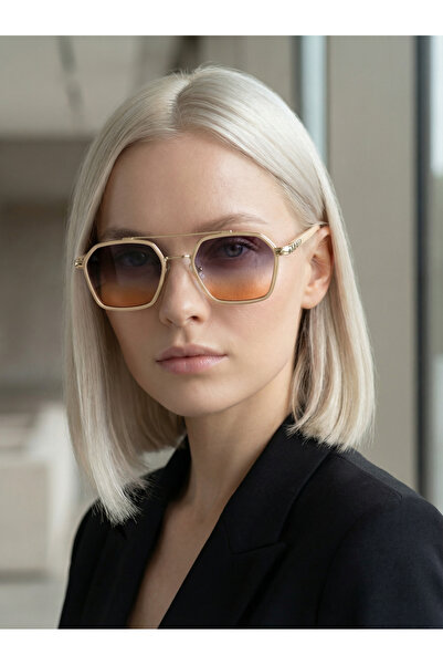 Mazzy Square White-Gold Edged Gradient Transition Glass Women's Sunglasses