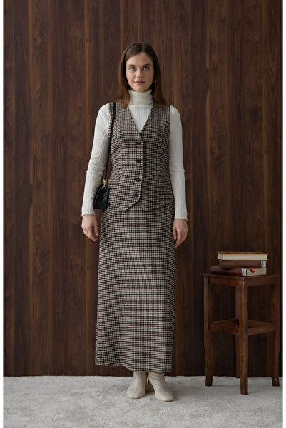 Fatma Atasoy Kazayağı Yelek Etek Takım Kahve