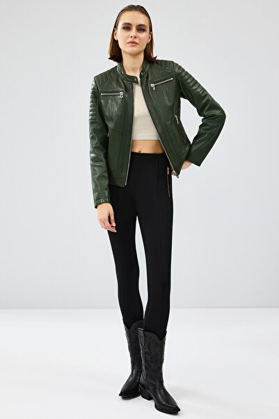 Derimod Zoom Kadın Haki Kapüşonlu Kısa Deri Ceket 24WGD5018VE