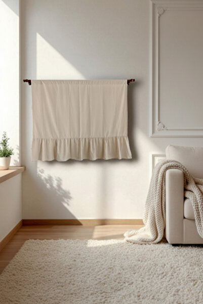 MZN Home Etekucu Fırfırlı RUSTİK BORU Bej Vintage Keten Perde - Bağcık Hediye...