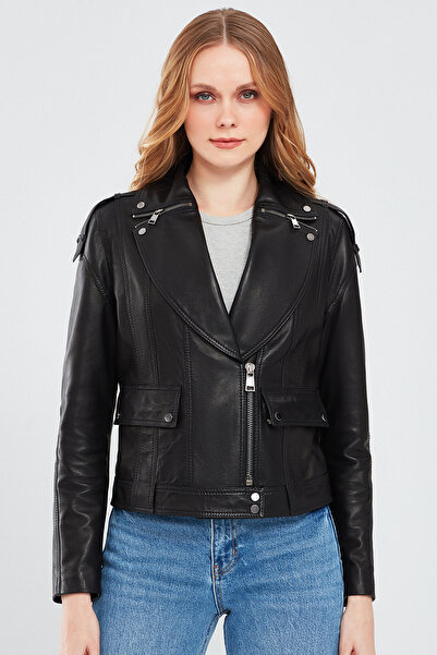 Derimod Reina Kadın Siyah Biker Deri Ceket 24SGD5186VE