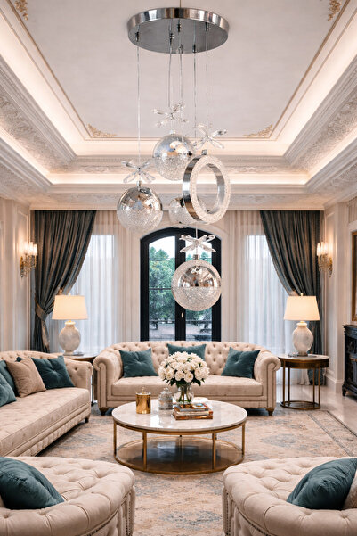 Lamira aydınlatma 5’Lİ SARKIT LED VE KRİSTAL KROM AVİZE MODELİMİZ