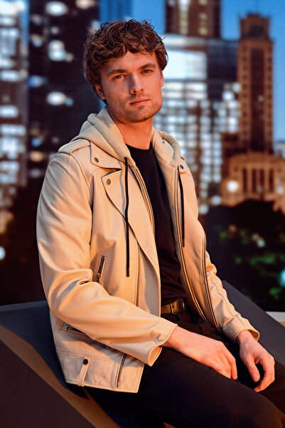 Derimod Butler Erkek Bej Kapüşonlu Biker Deri Ceket 24WGF6527FT