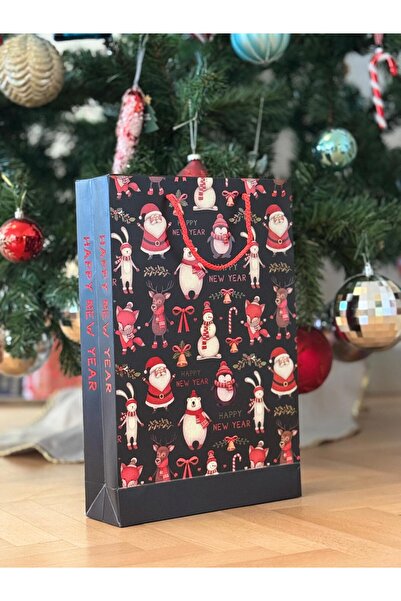 4nio SİYAH NOEL BABA FİGÜRLÜ YILBAŞI HEDİYE KARTON POŞET