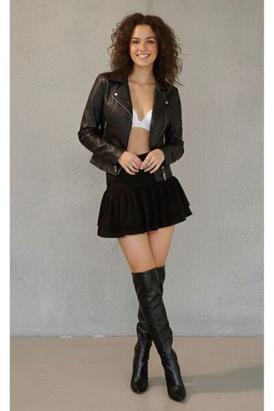 Linich&Co talie înaltă drapat Fusta mini neagră elastică cu volane 9162