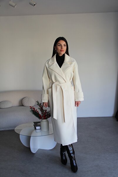 Julidress Cream Ecru Belted Oversized (Bol) Lined Premium Long Cashmere Coat