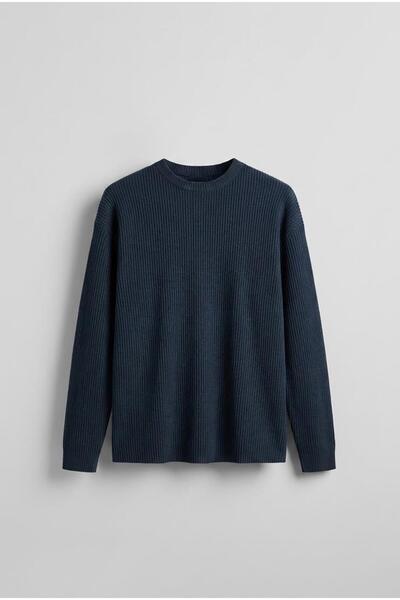 ablukaonline Erkek Rahat Kalıp Fitilli Uzun Kollu Sweatshirt Petrol Mavi