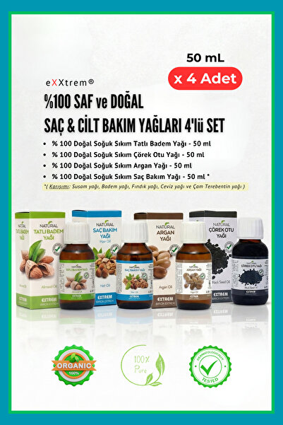 Extrem Natural %100 SAF ve DOĞAL SAÇ & CİLT BAKIM YAĞLARI 4'lü SET ( 4x50ml )