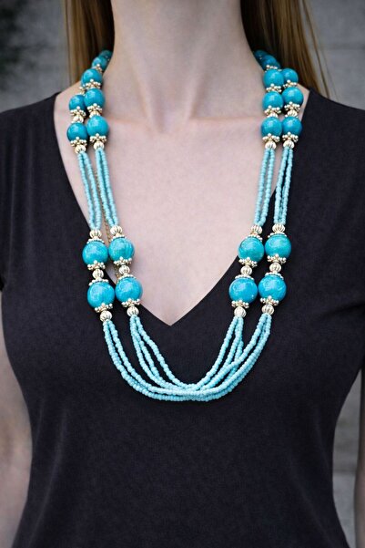 Gönülden Tasarım Mavi Boncuklu Turkuaz Taşlı Kadın Kolye 73 Cm