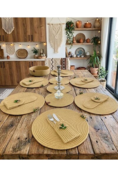 ESSENSE HOME & LİVİNG Yuvarlak El Dokuması Amerikan Servis Supla Runner Peçetelik Masa Takımı El Yapımı Masa Seti
