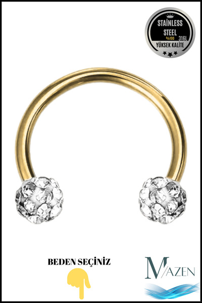 MAZEN Çelik Gold Kararmaz Cerrahi Çelik Kristal Taşlı Kıkırdak Dudak Burun Septum Tragus Piercing
