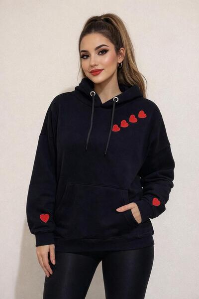 madame sare Heart Embroidered Sweatshirt Ş Fleece-Lined Premium