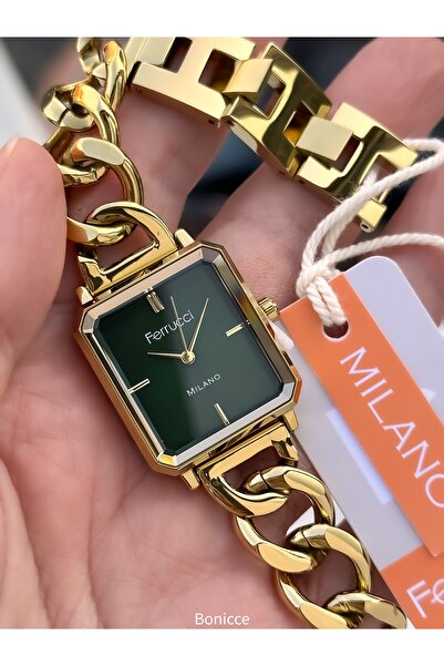 Ferrucci Özel Hediyelik Kutuda Sarı Renk ,Çelik Kordon, Su Geçirmez,Yılan Model Kadın Kol Saati Bileklik