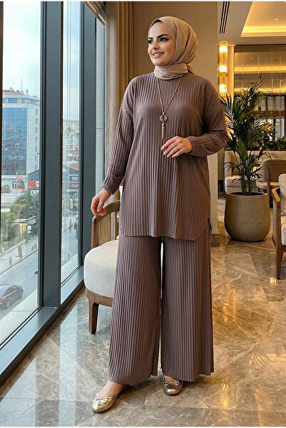 modamira Kadın Sandy vizon Komple Piliseli Tunik Pantolon Tesettür İkili Takım