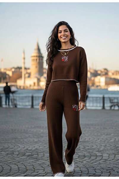 YusGos Women's Crew Neck Patterned Crop Sweater Pants Knitwear Top and Bottom Set