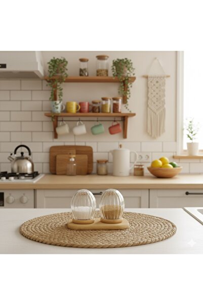 İthal وعاء ملح وفلفل زجاجي مخطط مع غطاء من الخيزران وقاعدة سفلية، قطعتان