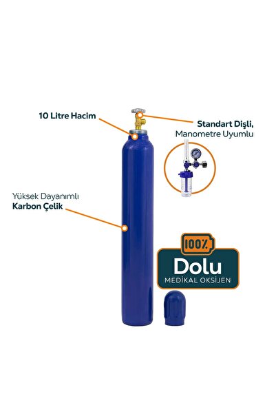 NESTAYONLINE Çelik Oksijen Tüpü 10 Lt Manometre Kanül Dahil ( DOLU )
