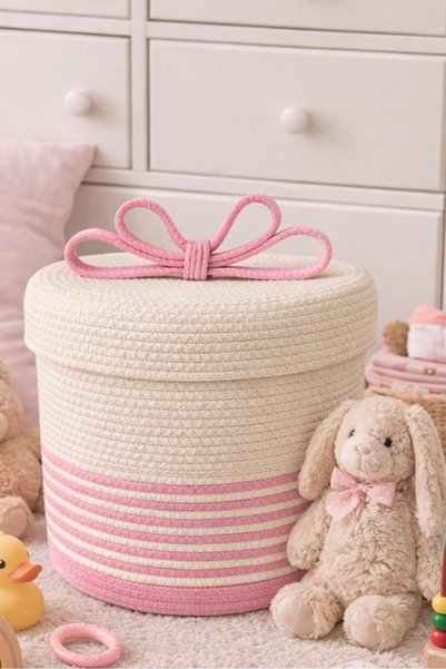 NuaCraft Wicker Basket with Lid - Children's Room Decorative Organizing Box with Bow Detail - Toy Basket (30X30)