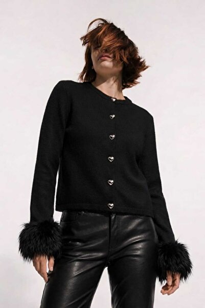 Butik Kadın siyah Kalp Düğmeli Bilekleri Kürklü Triko Hırka