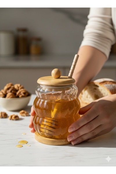 İthal Modern Bambu Kapaklı Bambu Kaşıklı Cam Bal Kavanozu