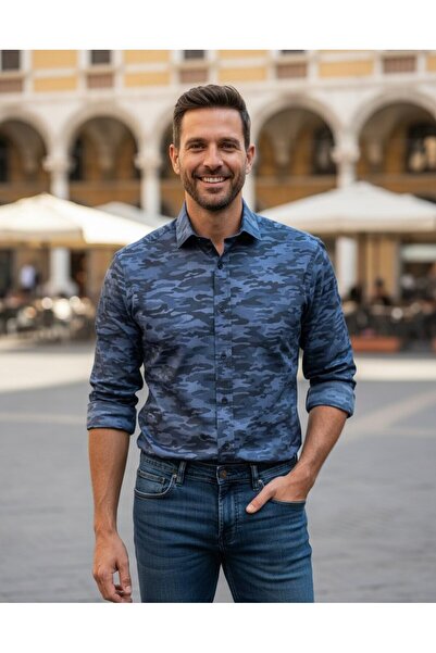 YusGos قميص رجالي بأكمام طويلة من القطن بنمط مموه وقصة عادية