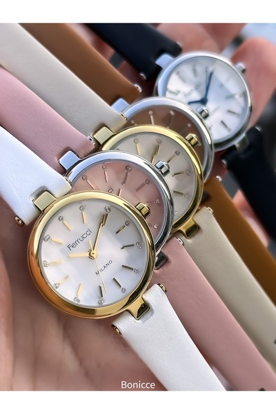 Ferrucci Mini Kasa, Beyaz Renk Deri Kordon, Kadın Kol Saati Bileklik