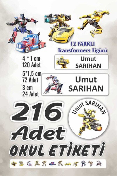 Vice isim Baskılı Defter Kalem Okul Etiketi (216 Adet Transformers Temalı Kit...