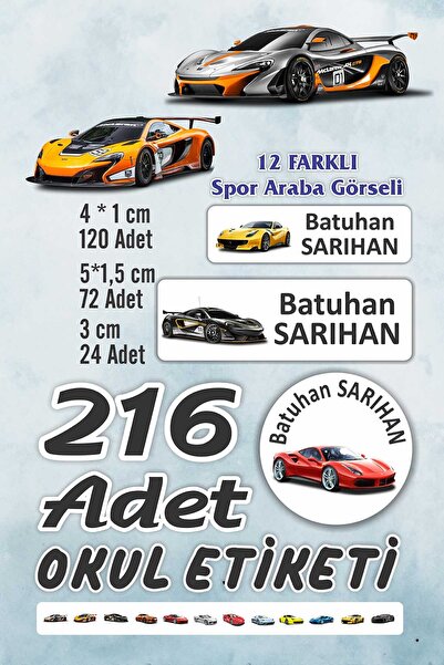 Vice isim Baskılı Defter Kalem Okul Etiketi (216 Adet Spor Araba Temalı Kitap...