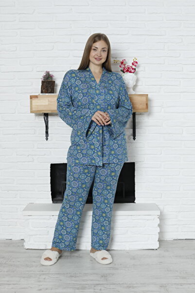 LİMİSSİ طقم بيجامة منقوشة من الفيسكوز 100% قطن باللون الأزرق الداكن