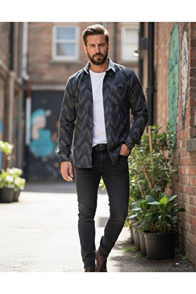 YusGos Uzun Kollu Desenli Pamuklu Regular Fit Erkek Likralı Kışlık Gömlek