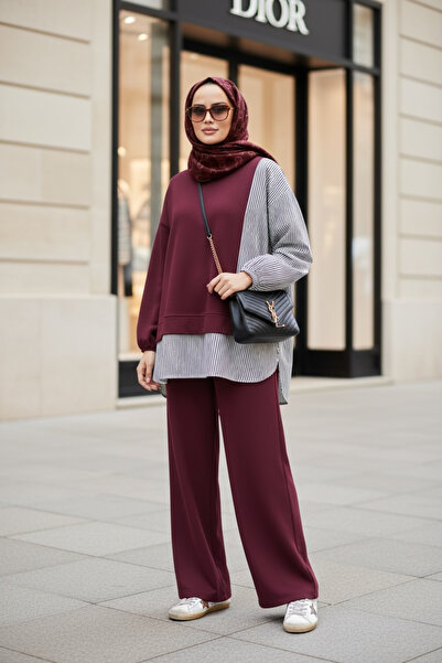 Aselim Hijap Moda Women's Hijab Set Line Double Shirt Set Dark Burgundy