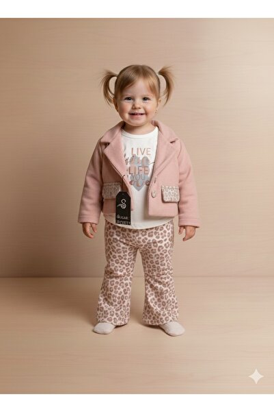 Butik Kız Bebek Ceket Tişört Ve Leopar Taytlı 3'lü Takım