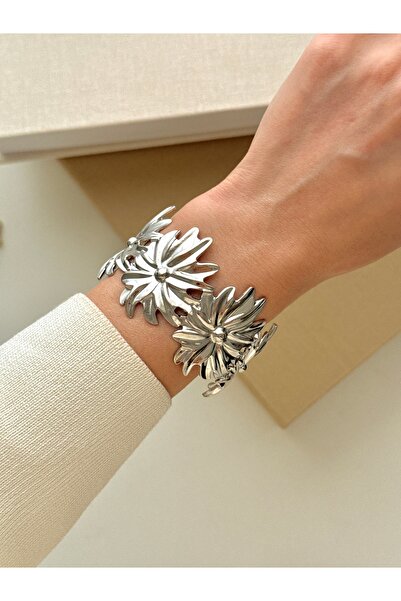 YOUES JEWELRY Çelik Kalın Kelepçe Silver Papatya Bilezik Ayarlanabilir Kadın ...