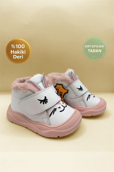 NİNO BEBE Nino Genuine Leather Orthopedic Sole Baby Girl First Step Bunny Plush Boots