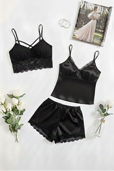 ZENCHES Ayarlanabilir İnce Askılı Şortlu Gecelik Büstiyer 3 lü Takım