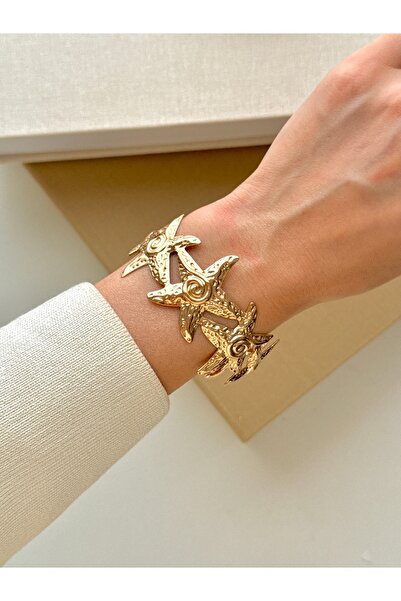 YOUES JEWELRY Çelik Kalın Kelepçe Deniz Yıldızı Gold Bilezik Ayarlanabilir Ka...