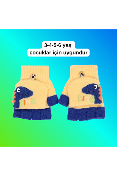 darko Dinozor Kışlık Eldiven Erkek Kız Çocuk Dinozorlu Dinazorlu Trex Mavi Sa...