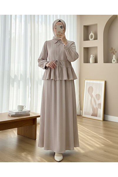 Modamorfo Eteği Fırfırlı Düğmeli Beli Bağcıklı Etekli Takım -Vizon