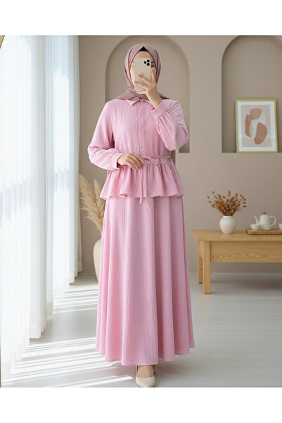 Modamorfo Set fustă cu volane și nasturi cu șireturi în talie - roz