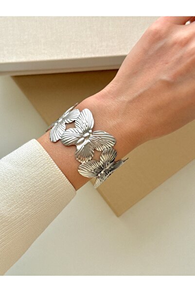 YOUES JEWELRY Çelik Kalın Kelepçe Silver Kelebek Bilezik Ayarlanabilir Kadın ...