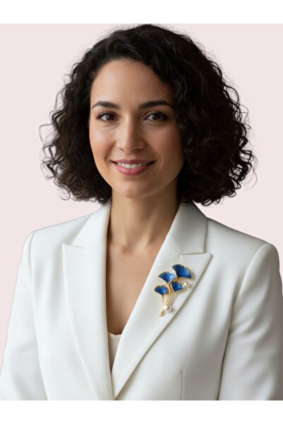 Cobalt Blue Textured Leaf Figure Pearl Brooch – Stylish Design with Gold Detail
