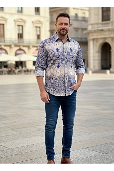 YusGos Long Sleeve Cotton Viscose Easy Iron Shawl Pattern Regular Oversize Plus Size Men's Shirt