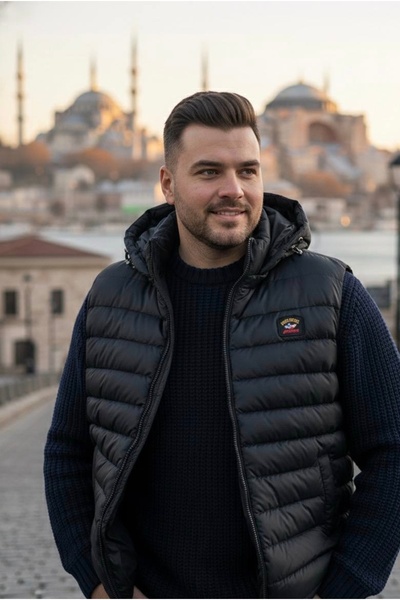 YusGos Erkek Su Geçirmez Fermuarlı Cepli Kapüşonlu Büyük Beden Şişme Dolgulu Yelek