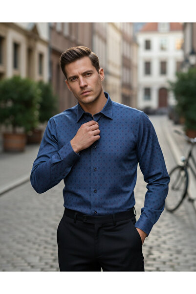 YusGos قميص رجالي شتوي عادي بأكمام طويلة من القطن بنمط منقط قماش قابل للتمدد