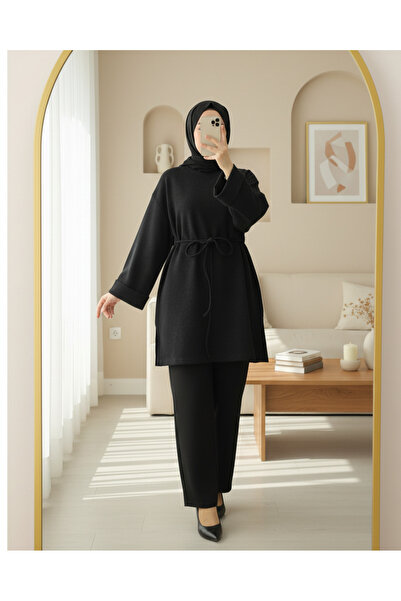 Modamorfo توب طويل بأكمام متعددة الطبقات وربطة عند الخصر شق حياكة مضلعة - أنث...