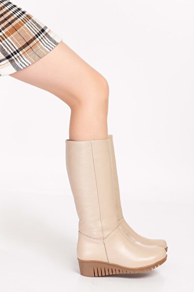 Gondol Hakiki Deri Sıcak Iç Astar Dolgu Taban Çizme-gndl.2007 - Bej - 41