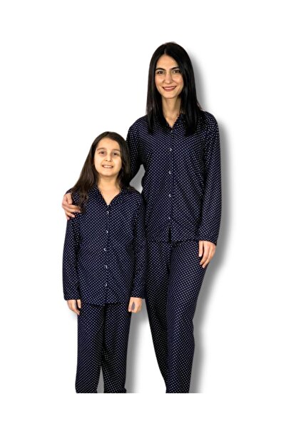 YusGos طقم بيجامة من القطن بنسبة ياقة دائرية٪ بأزرار أمامية من الأم والابنة (...