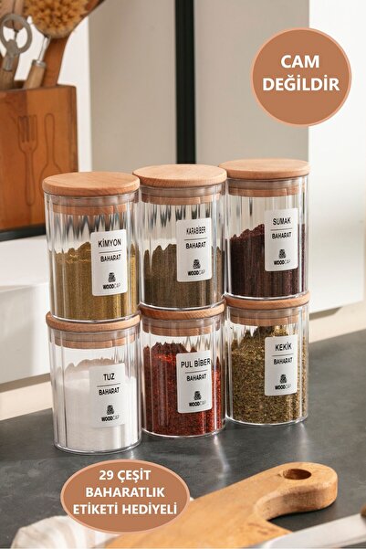 WOODCAP طقم 6 علب توابل بسعة 450 مل مع غطاء خشبي محكم الإغلاق، حاوية تخزين من الأكريليك (ليس زجاج) مع ملصق هدية